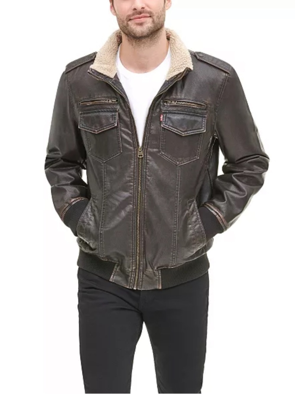 Levi's Men's Sherpa Lined Faux Leather Aviator Bomber Jacket in Darn Brown